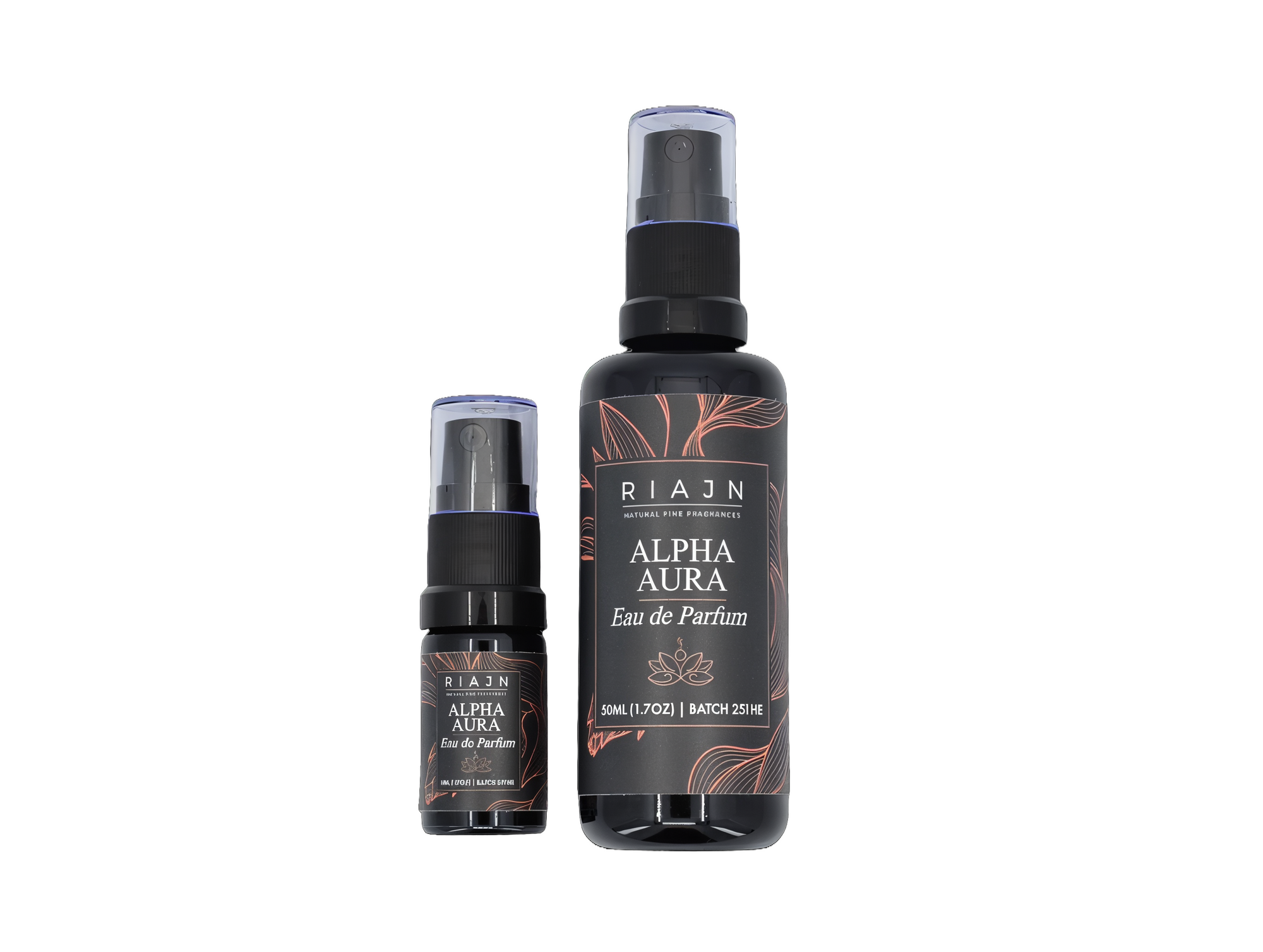 One 5ml and one 50ml ultraviolet glass bottles of Alpha Aura EDP side by side on a white background