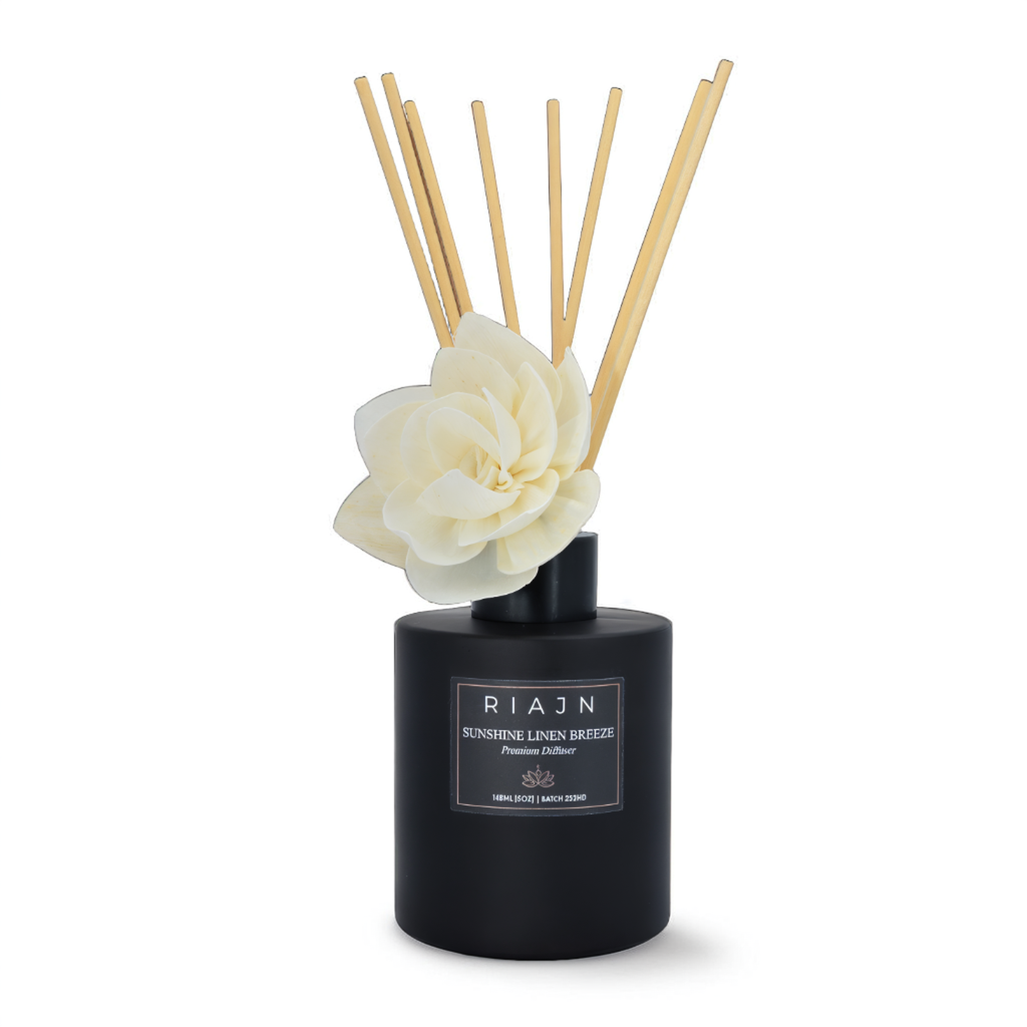 RIAJN matte black diffuser bottle with reeds and reed flower inside the bottle sticking out with a white background