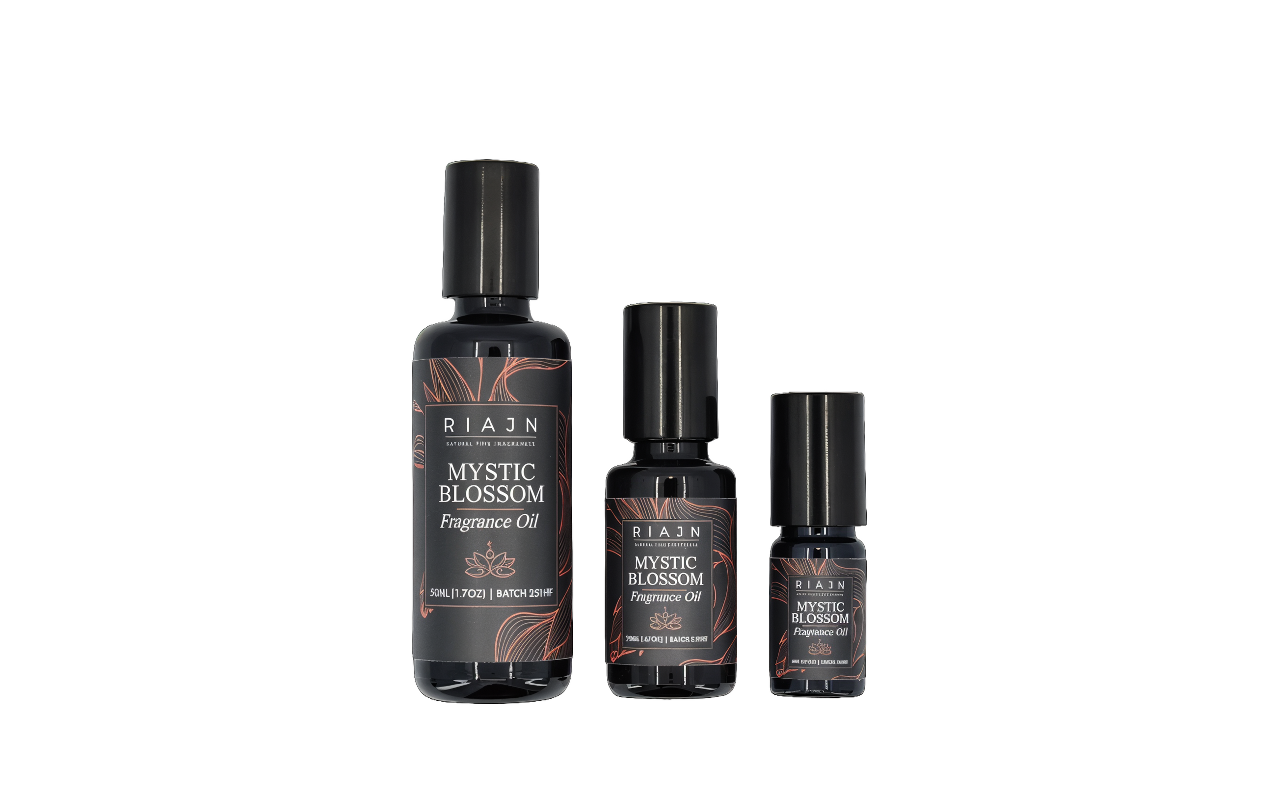 One 50ml, one 20ml, and one 5ml ultraviolet glass bottles of Mystic Blossom Fragrance Oil side by side on a white background