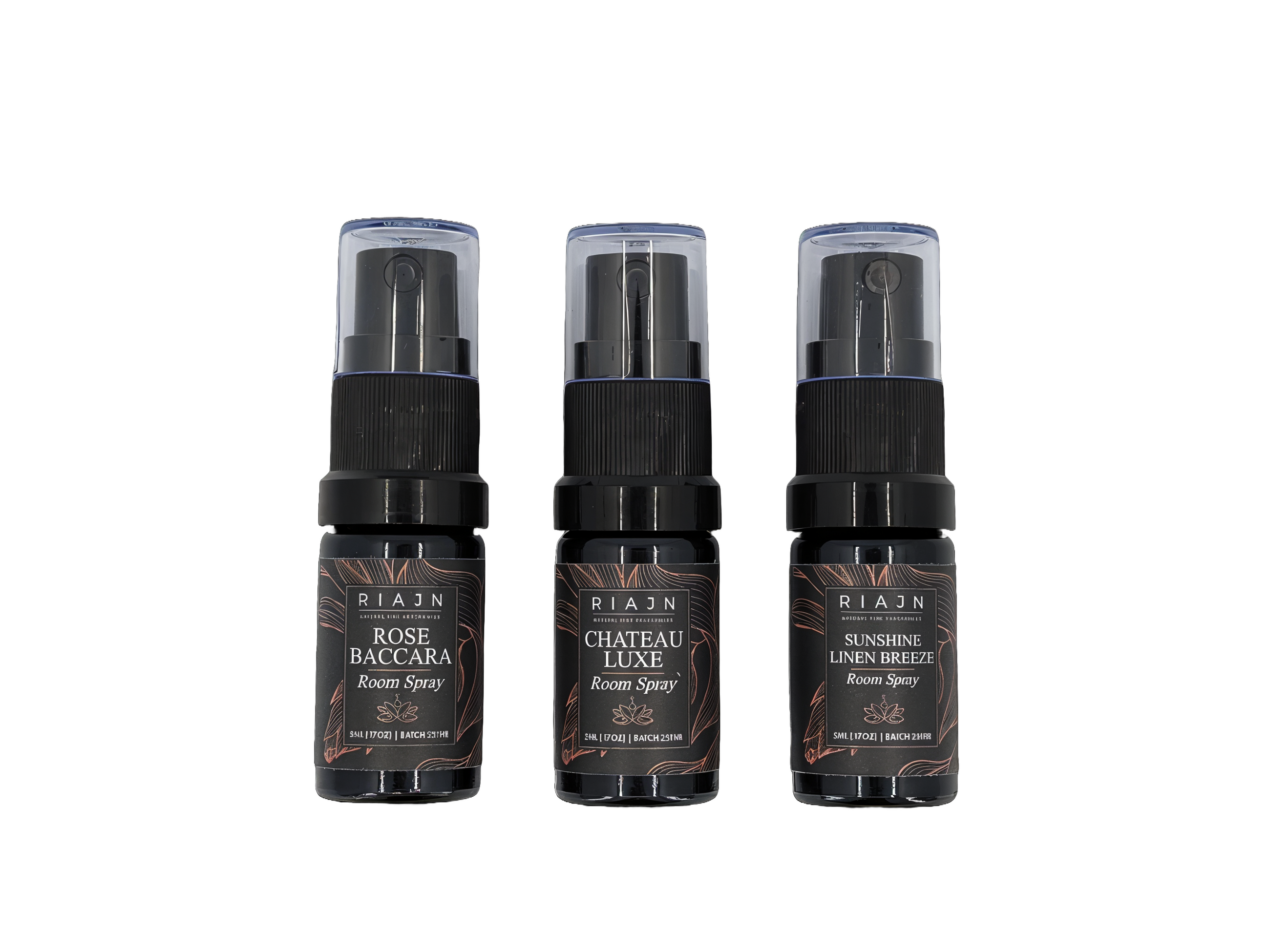 Three 5ml Room Spray Sample Set ultraviolet bottles side-by-side on a white background