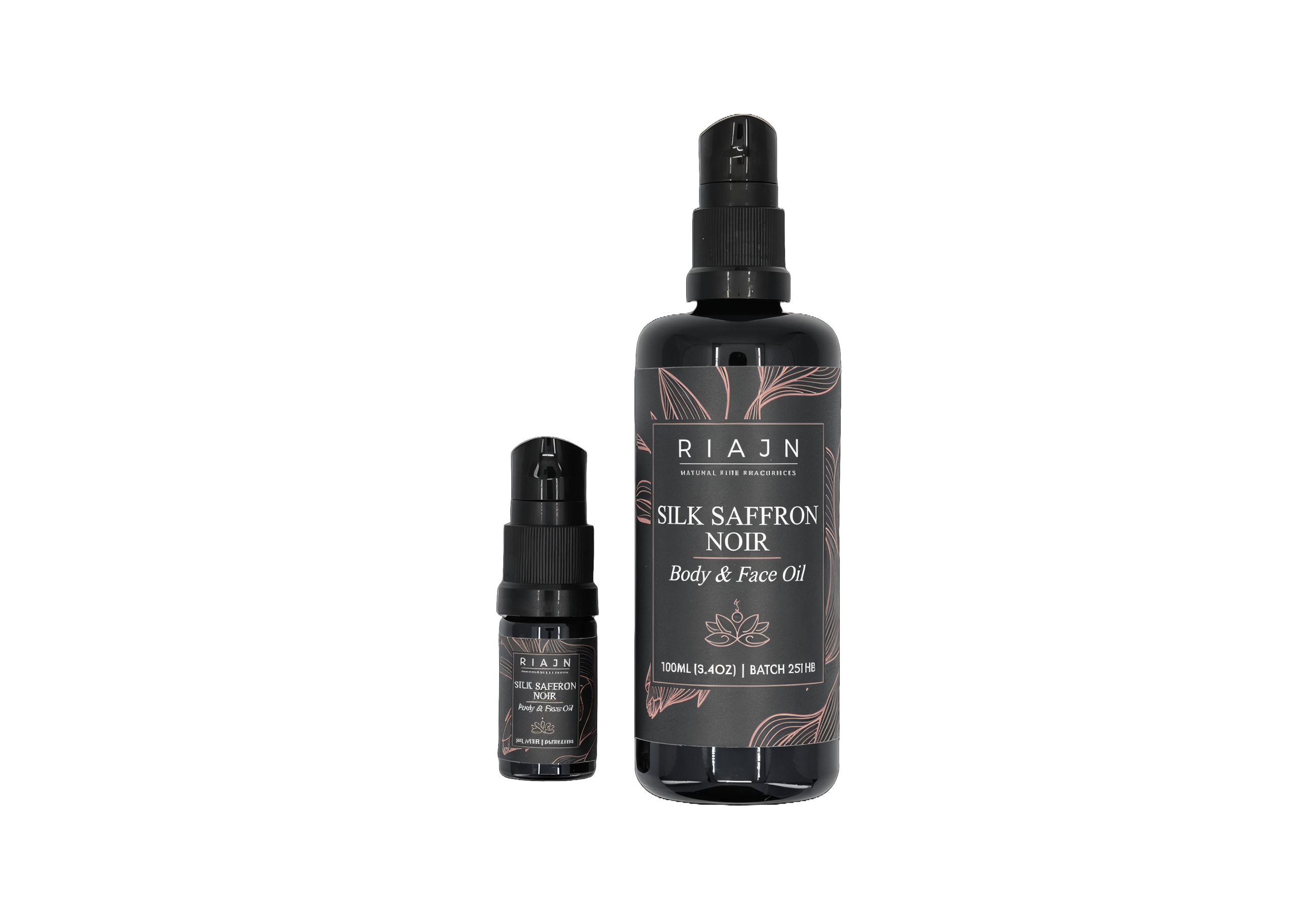 Two bottles of RIAHN Silk Saffron Noir body and face serum on a white background