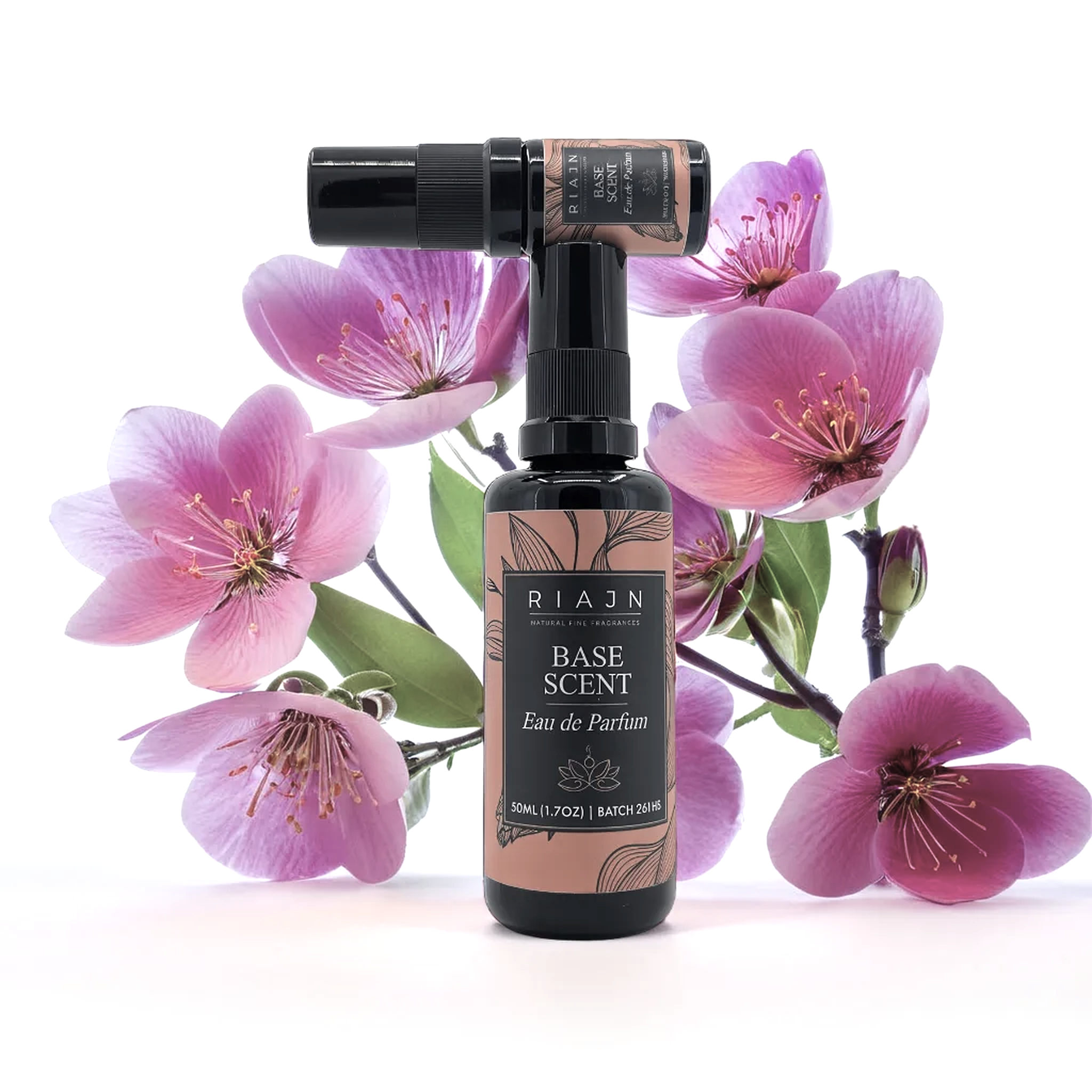 Riajn base scent eau de parfum bottle with pink flowers on a white background