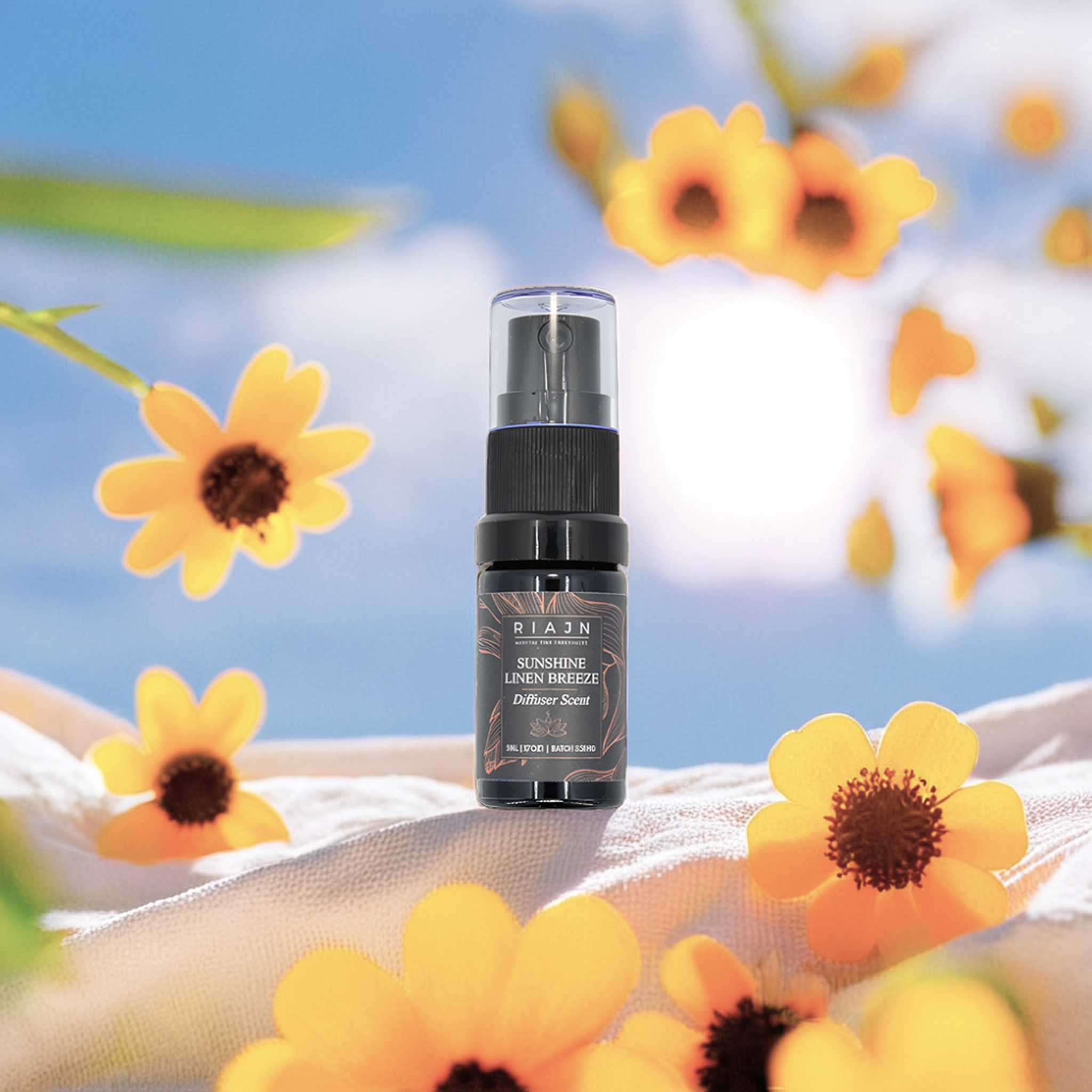 Sunshine Linen Breeze room fragrance bottle with yellow flowers on a blurred natural background