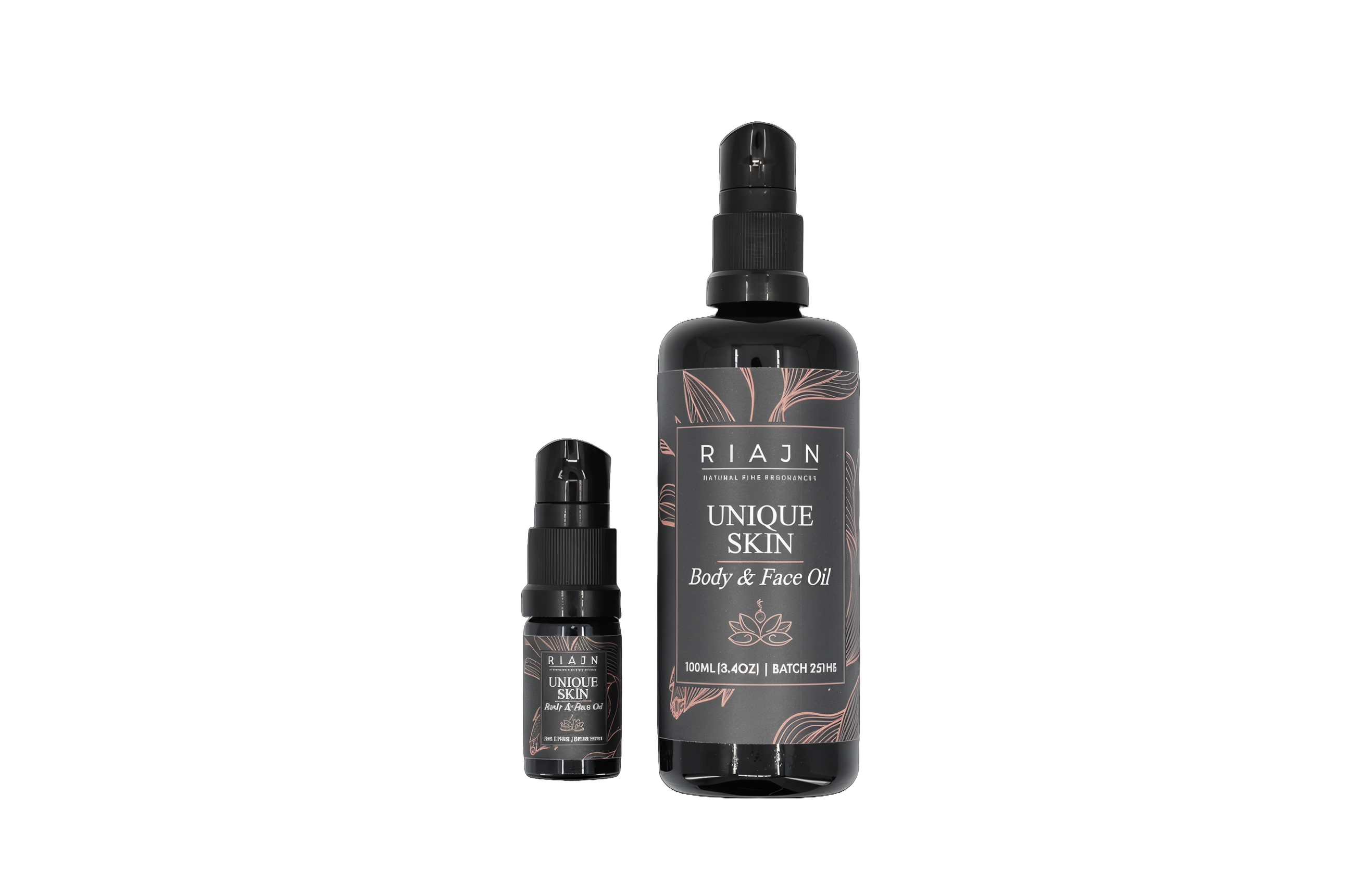 Two bottles of RIAAN Unique Skin Body & Face Oil on a white background
