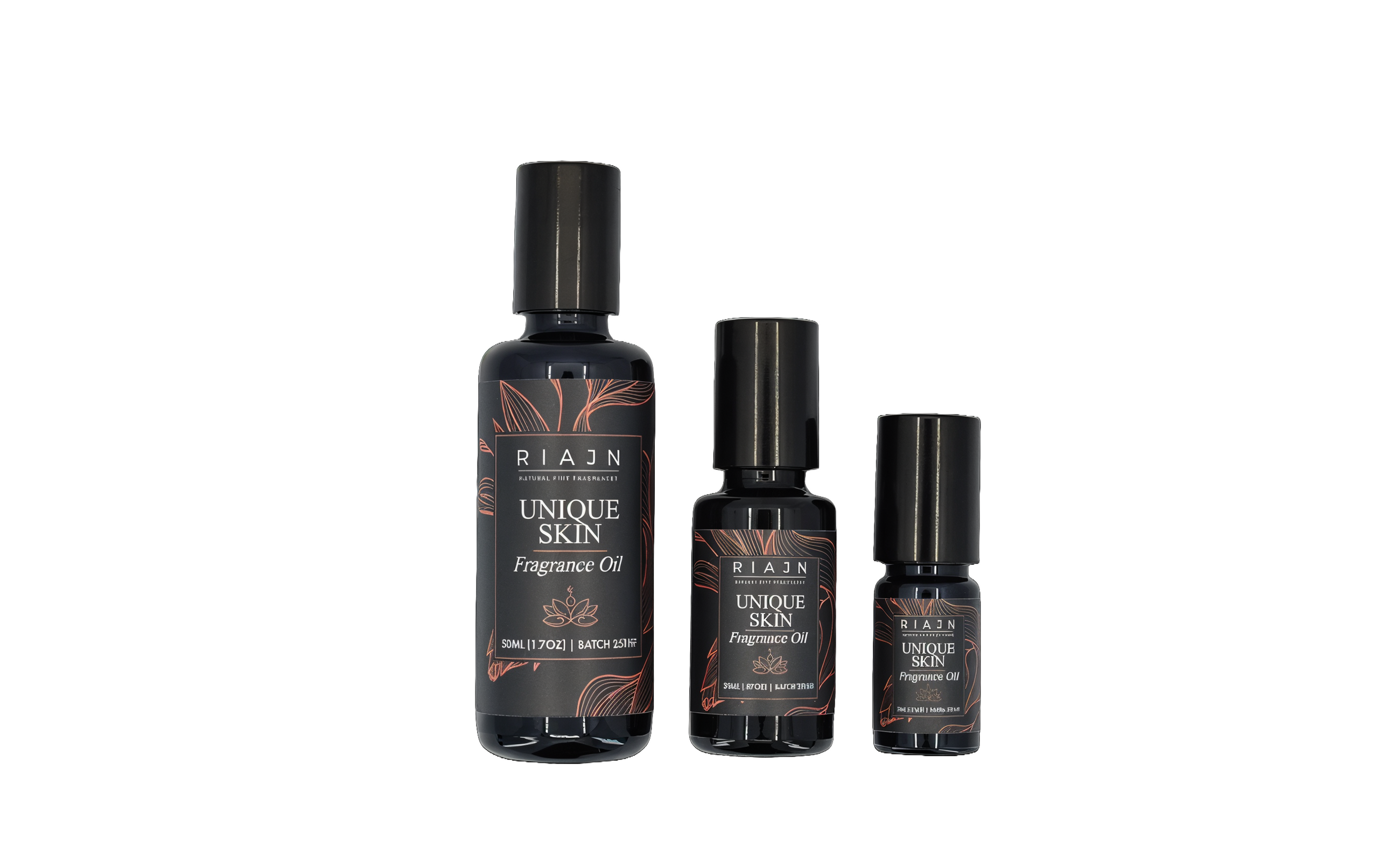 One 50ml, one 20ml, and one 5ml ultraviolet glass bottles of Unique Skin Fragrance Oil side by side on a white background