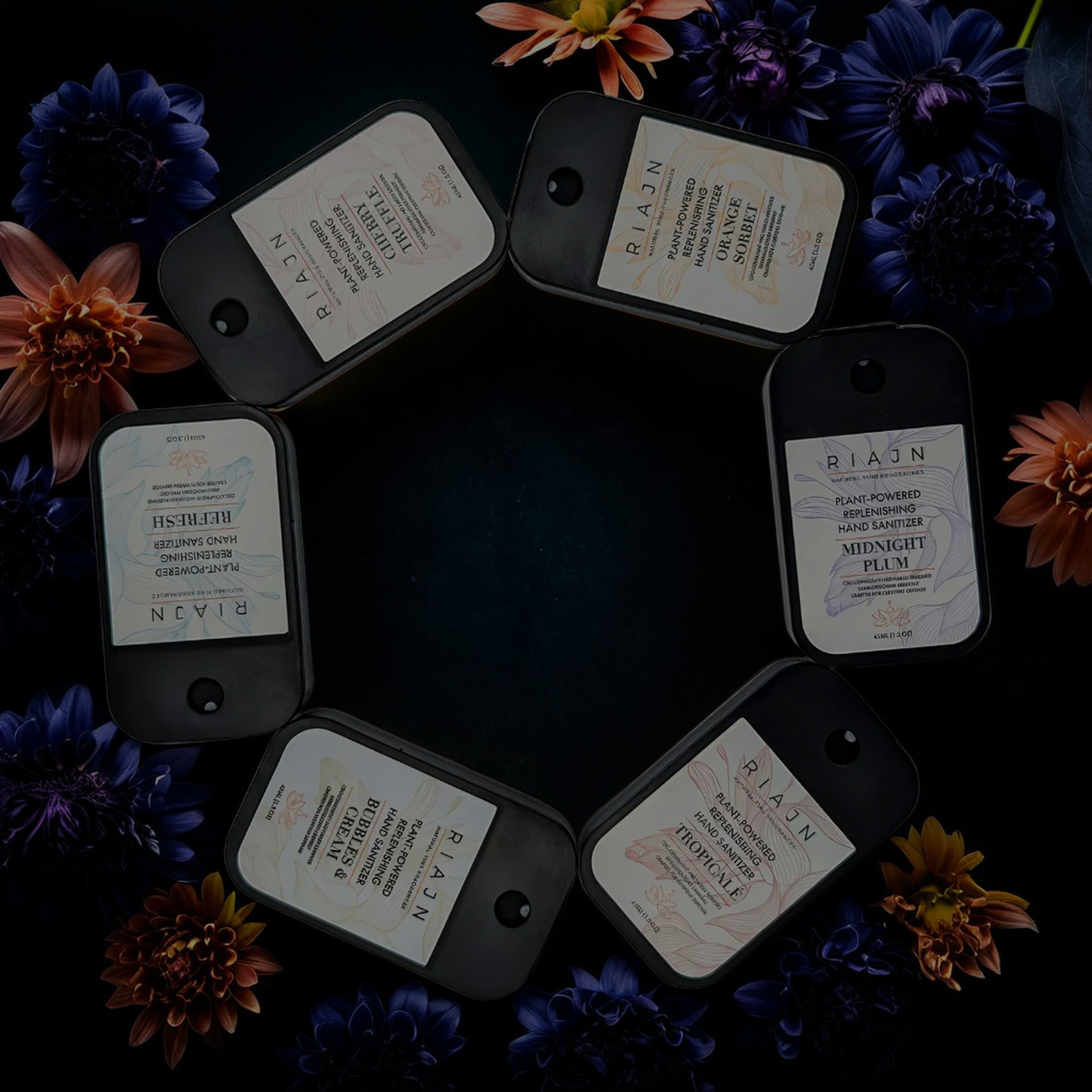 Plant-powered hydrating hand sanitizer mist collection with organic ingredients and TSA-approved travel sprays in luxury scents.