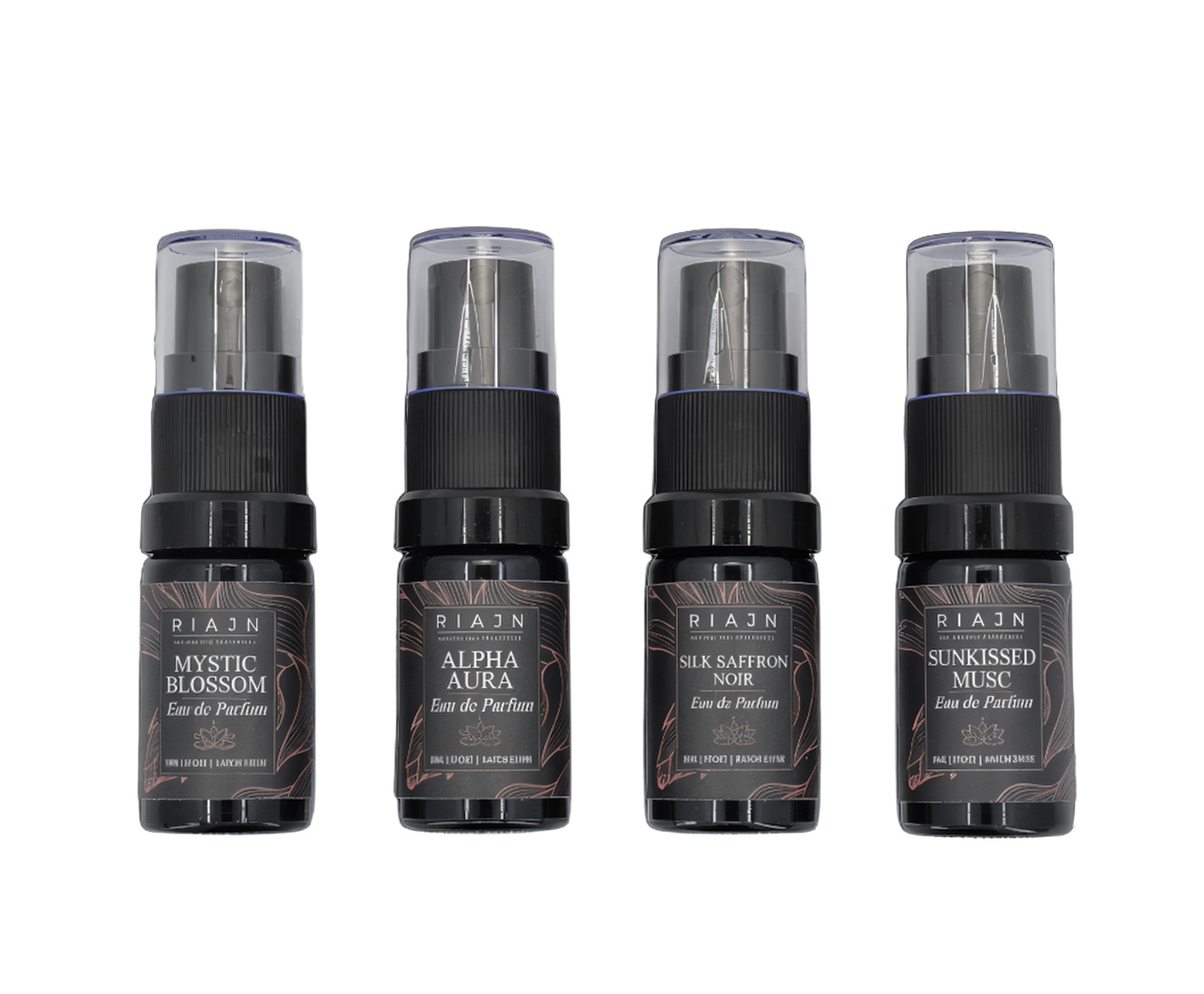 Four black perfume bottles with labels on a white background. RIAJN eau de parfum sample set.