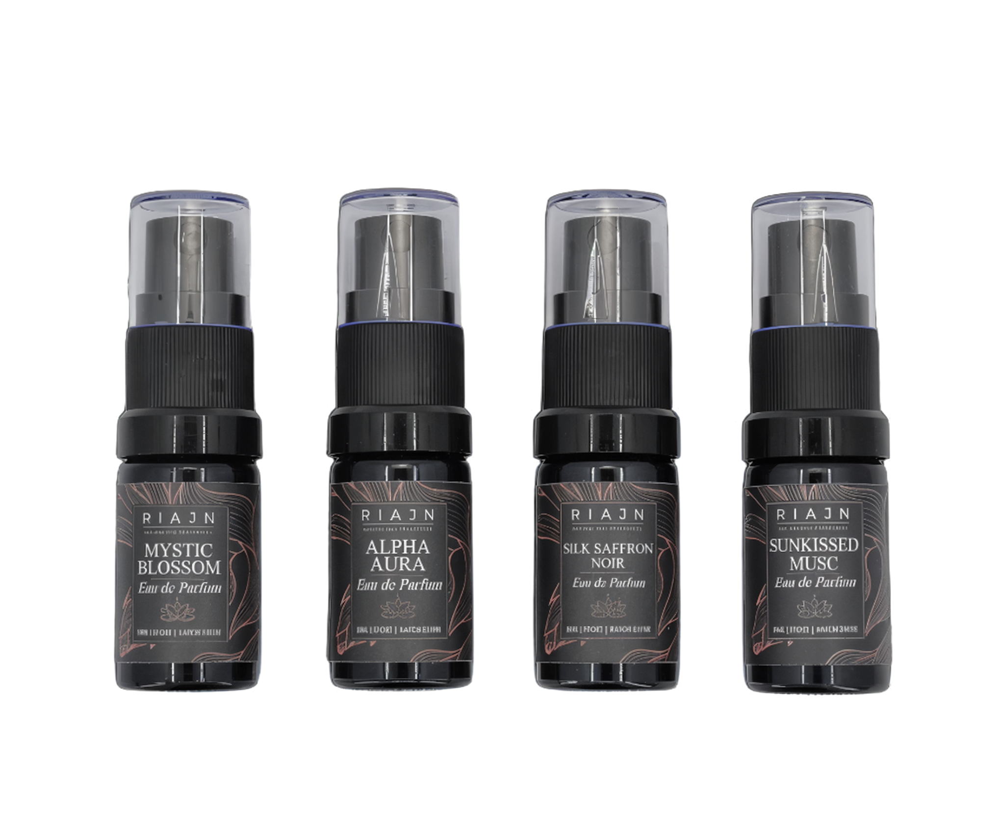 Four black perfume bottles with labels on a white background. RIAJN eau de parfum sample set.