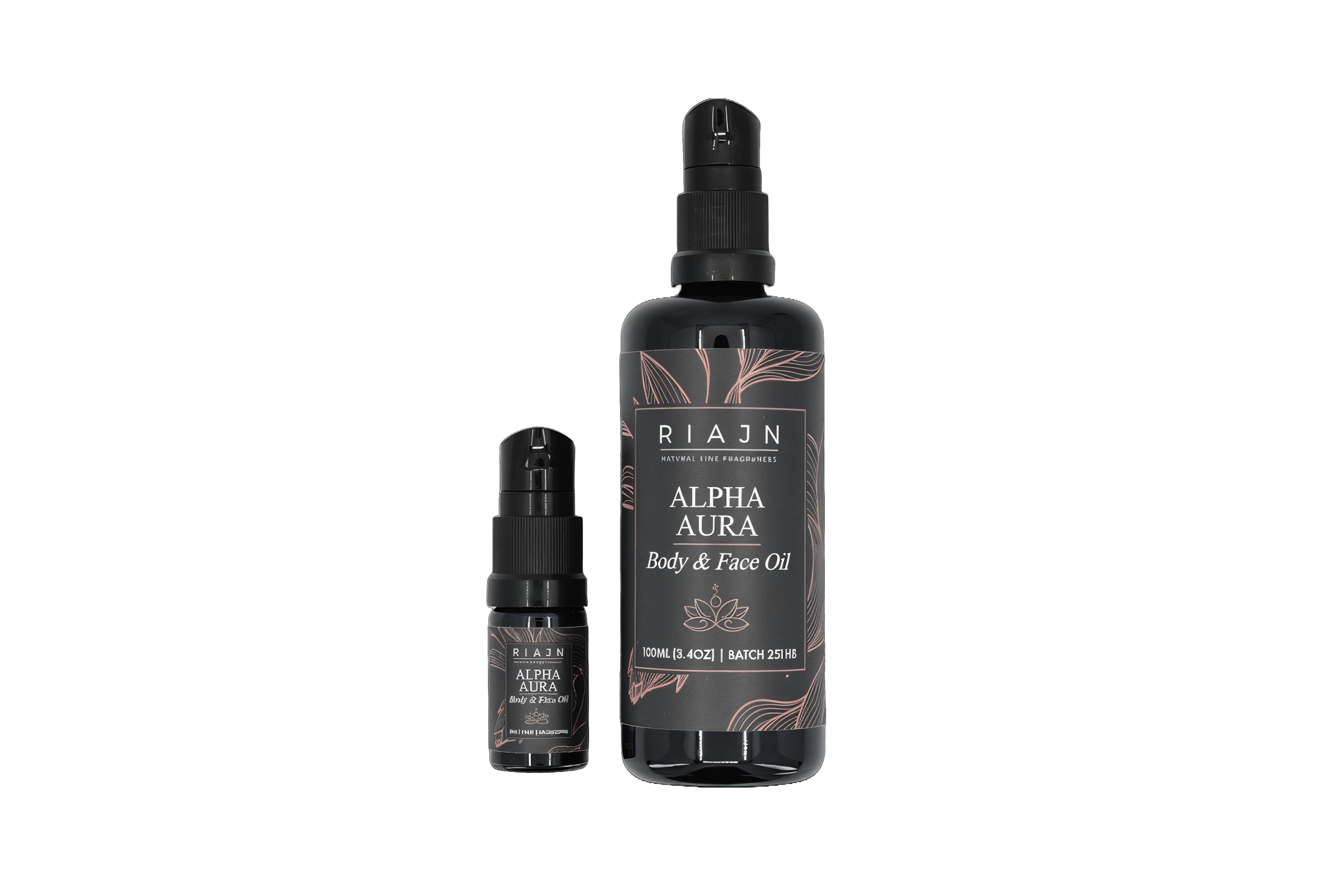 Two bottles of Riaan Alpha Aura Body & Face Serum on a white background