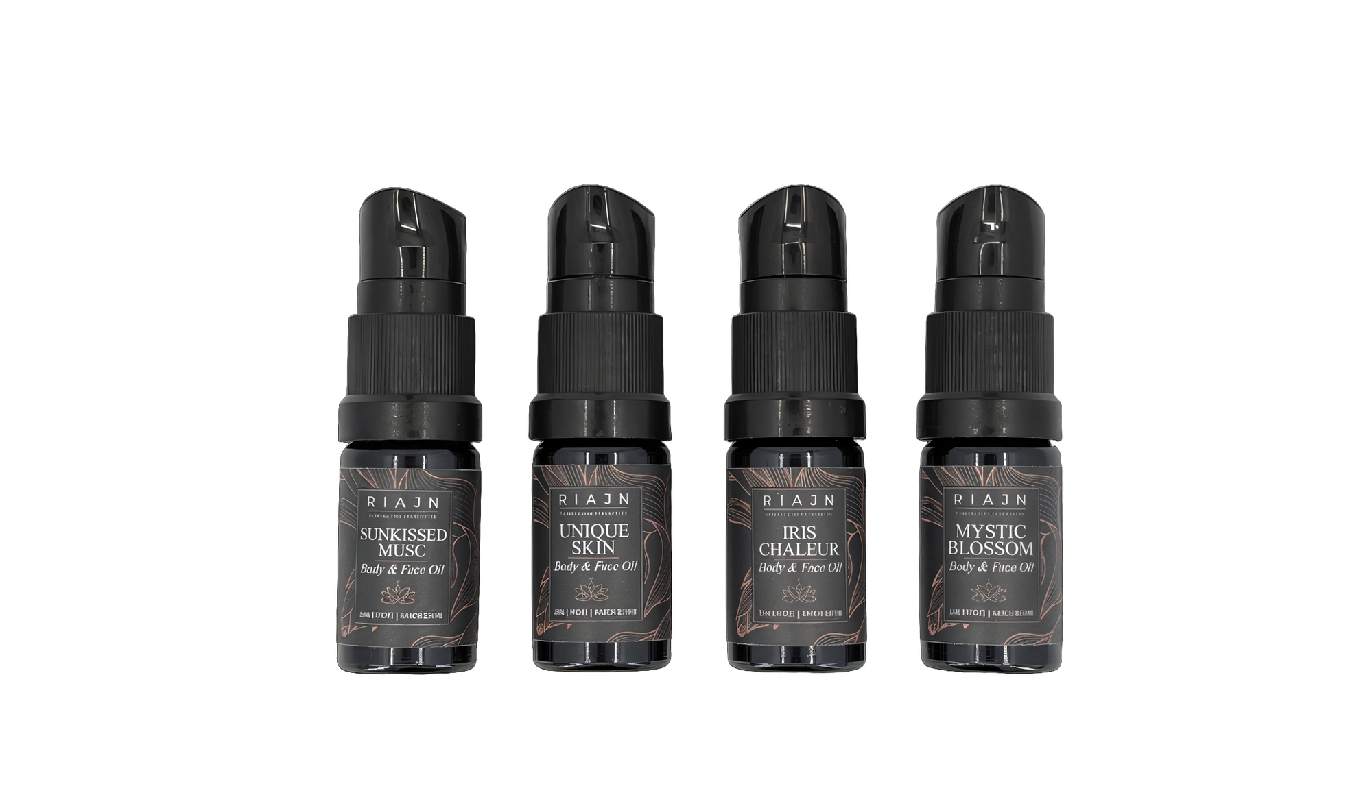 Four black spray bottles with labels on a white background. RIAJN body & face serum sample set.