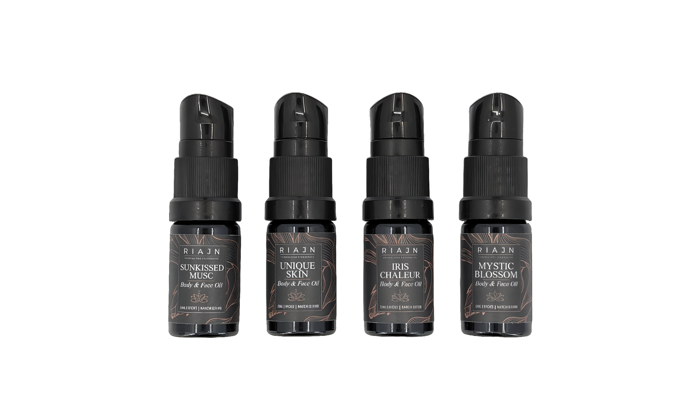 Four black spray bottles with labels on a white background. RIAJN body & face serum sample set.
