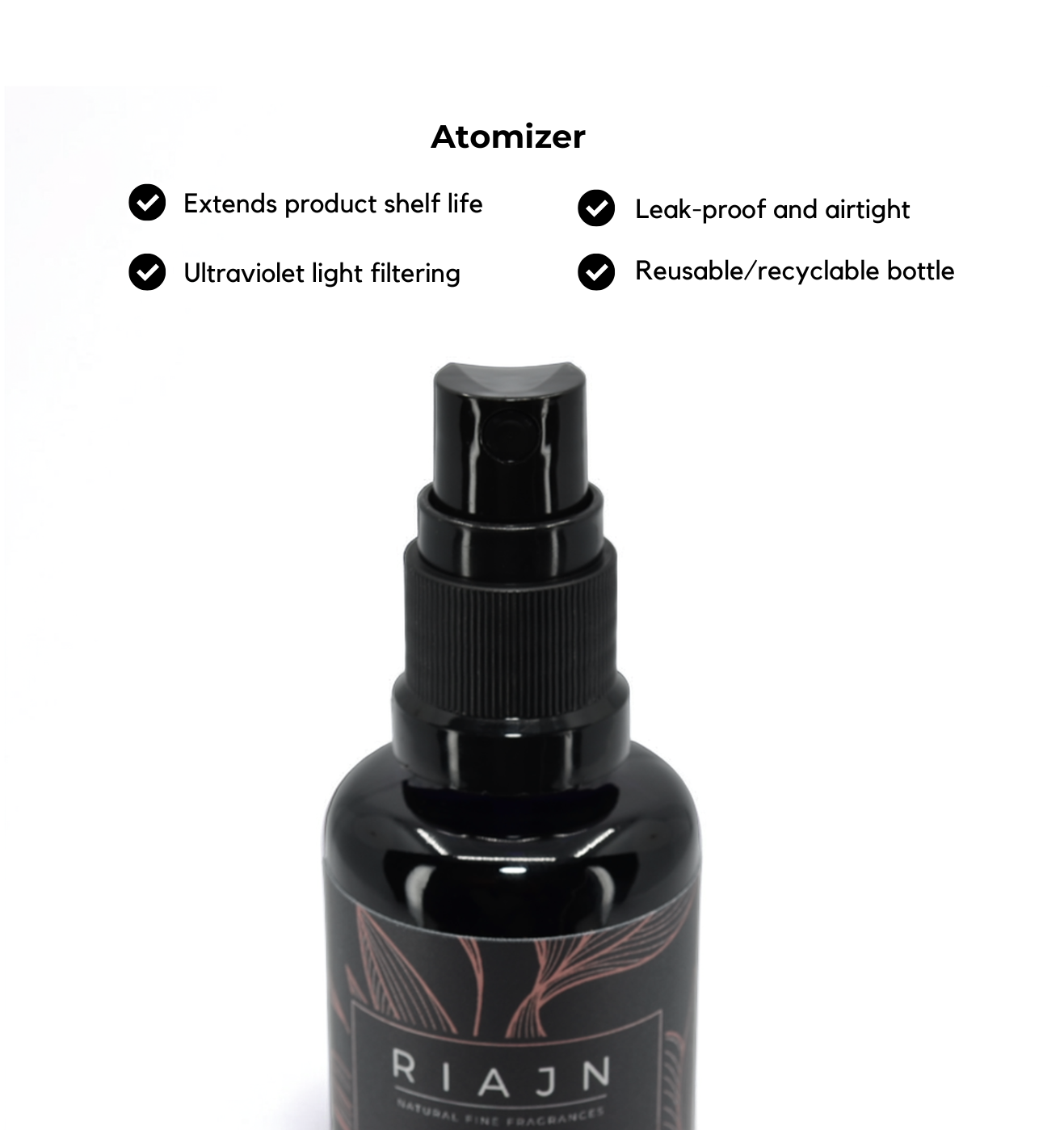 Black atomizer bottle with RIAJN branding on a white background, featuring product features.