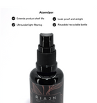 Black atomizer bottle with RIAJN branding on a white background, featuring product features.