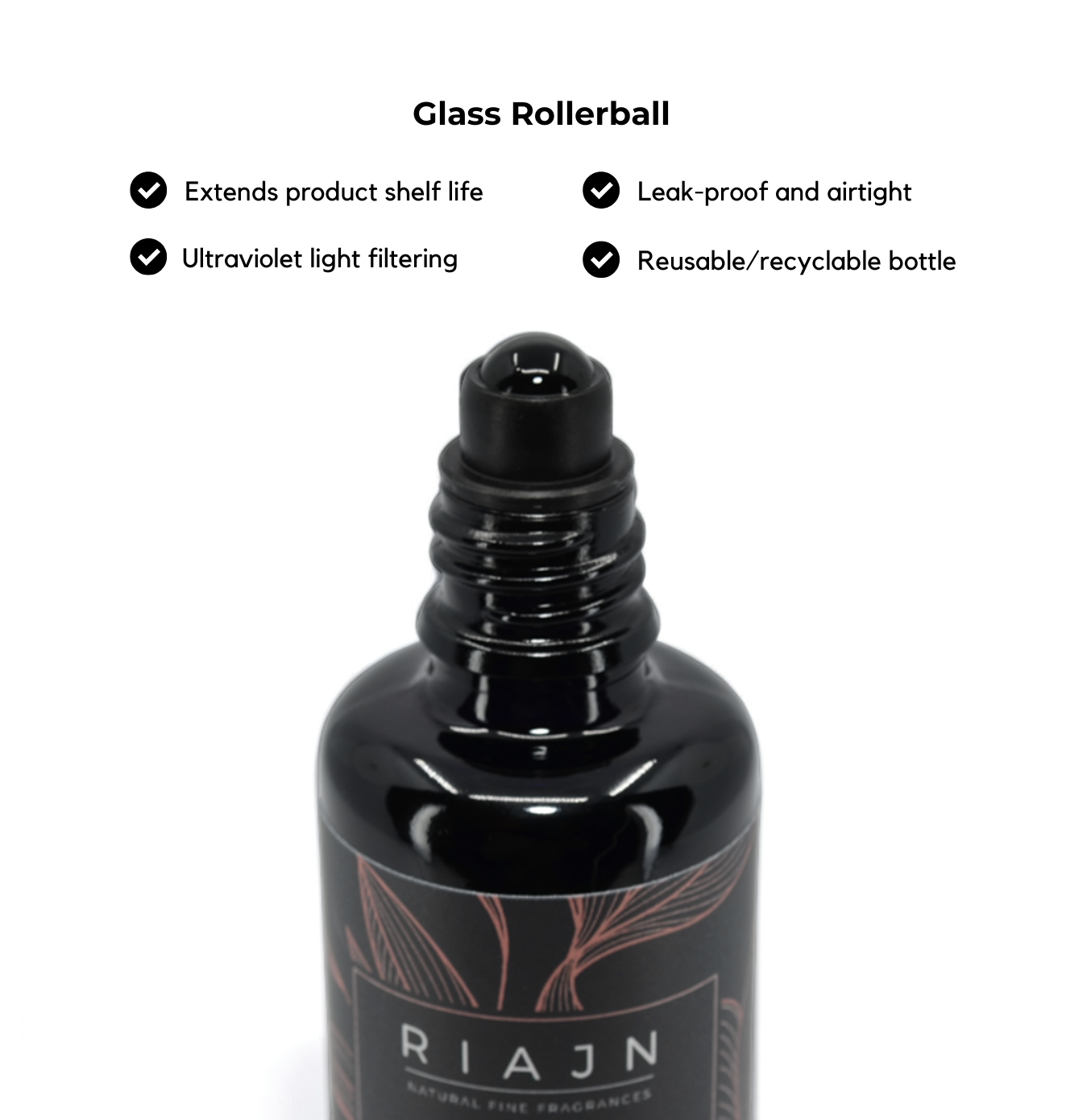 Black glass rollerball bottle with RIAJN branding on a white background with glass bottle features.