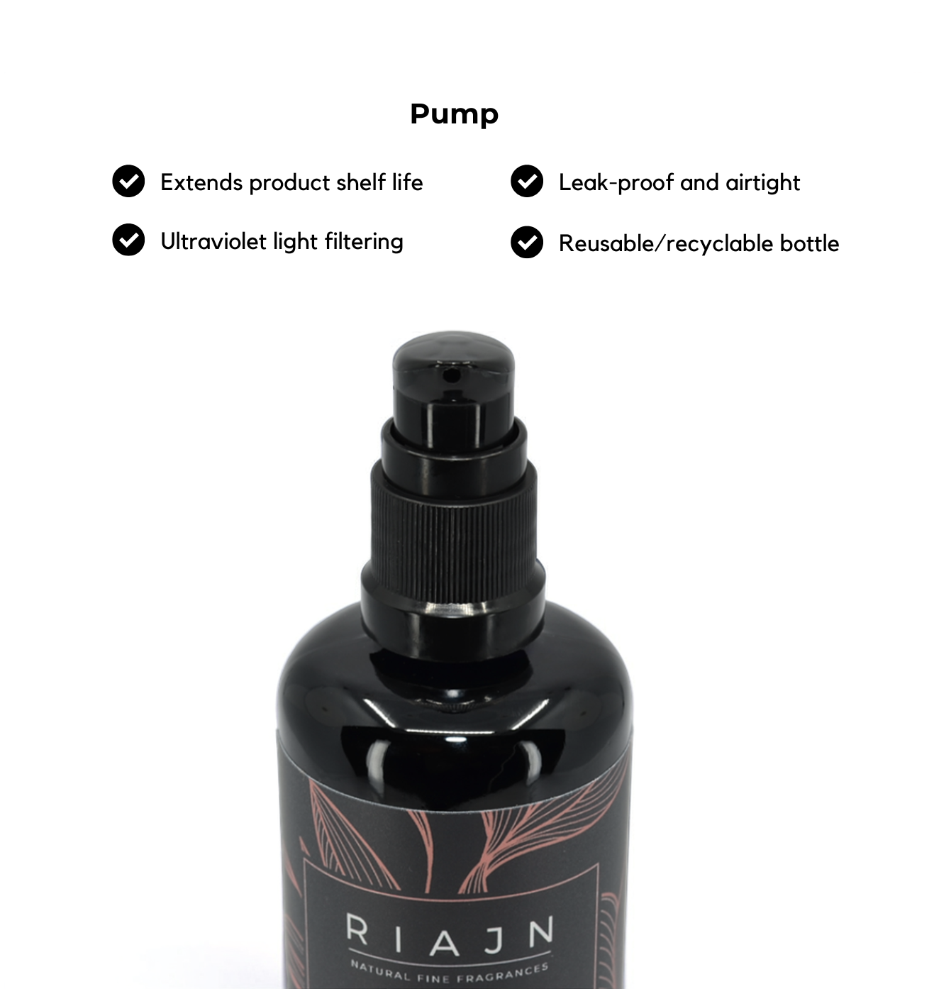 Black pump bottle with RIAJN branding on a white background with glass bottle features.