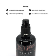 Black pump bottle with RIAJN branding on a white background with glass bottle features.
