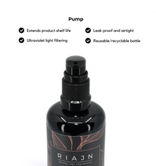 Black pump bottle with RIAJN branding on a white background with glass bottle features.