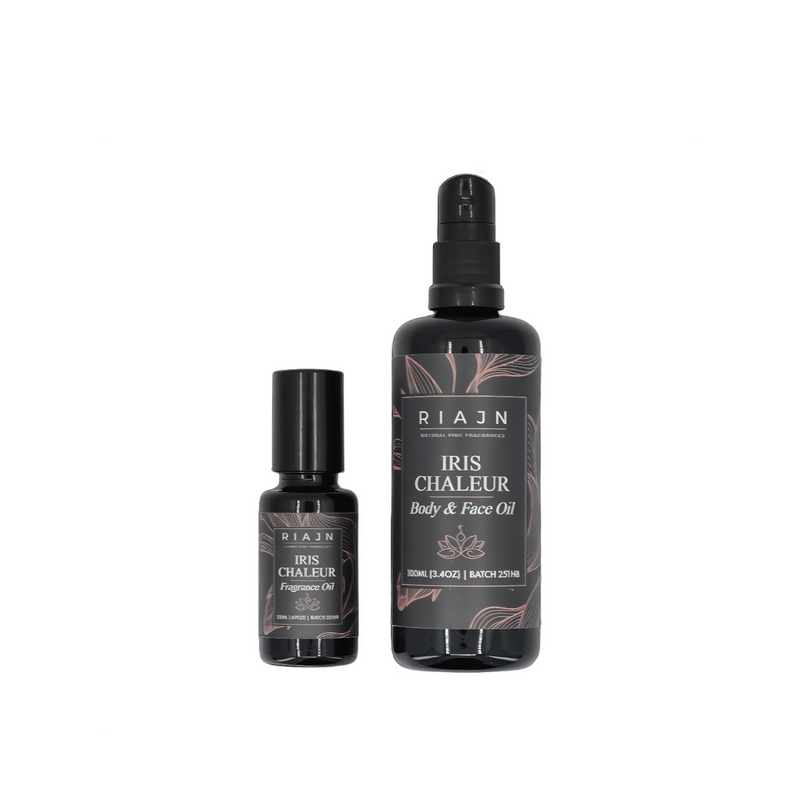 Two RIAJN Iris Chaleur body and face oils on a white background
