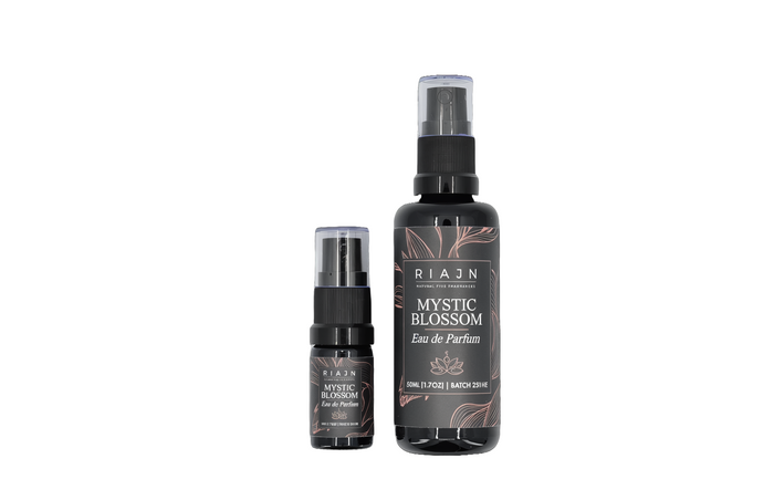 Two bottles of RIAIN Mystic Blossom Eau de Parfum on a white background