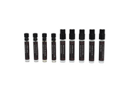 Row of black and white sample bottles on a white background