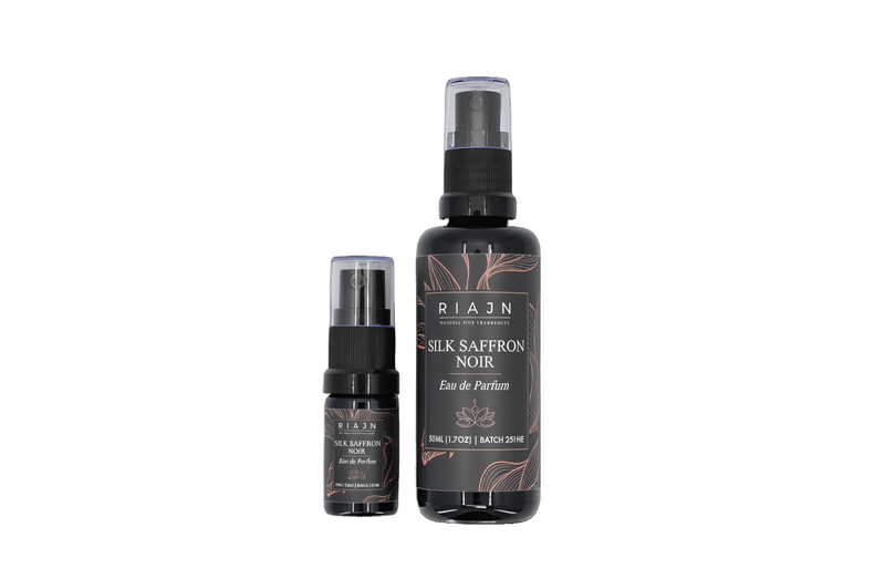 Two bottles of Riaan Silk Saffron Noir perfume on a white background
