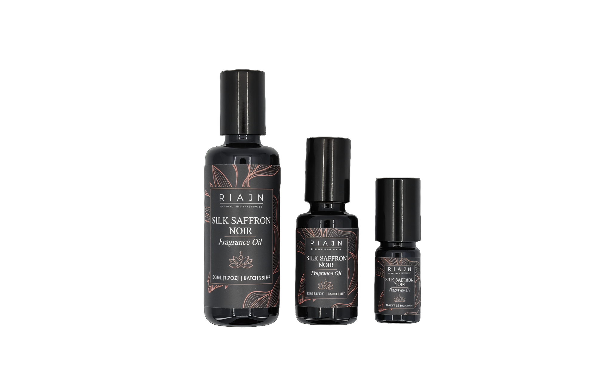 Set of Riaan Silk Saffron Noir fragrance oil bottles on a white background