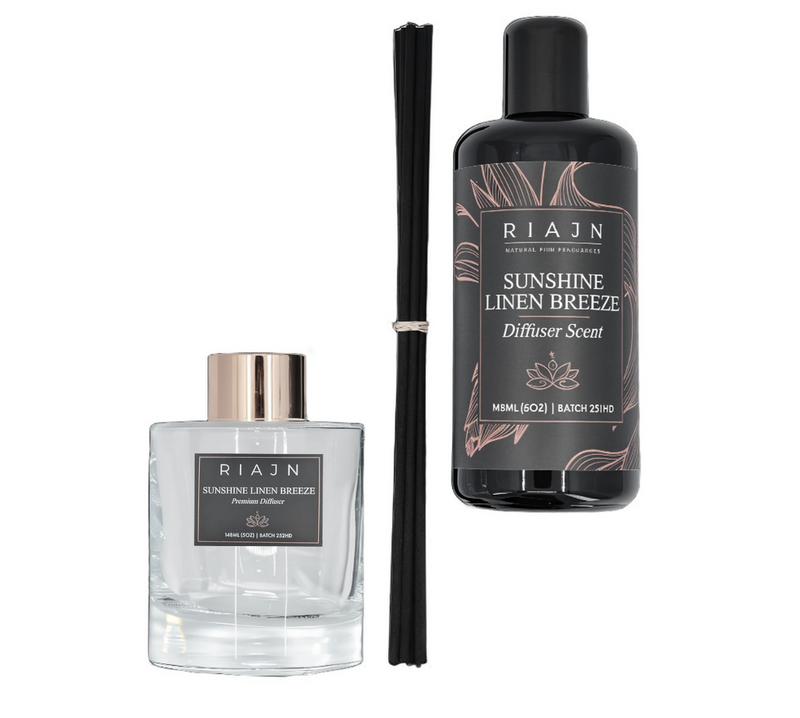 Riajn Sunshine Linen Breeze diffuser set on a white background