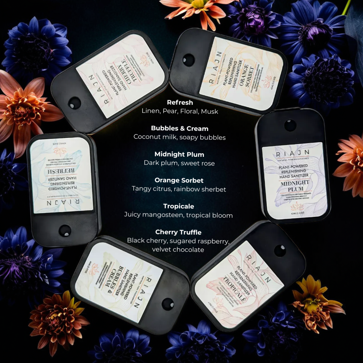 Collection of Rian product tags with scents on a dark background with flowers. Popular hand sanitizer mists.